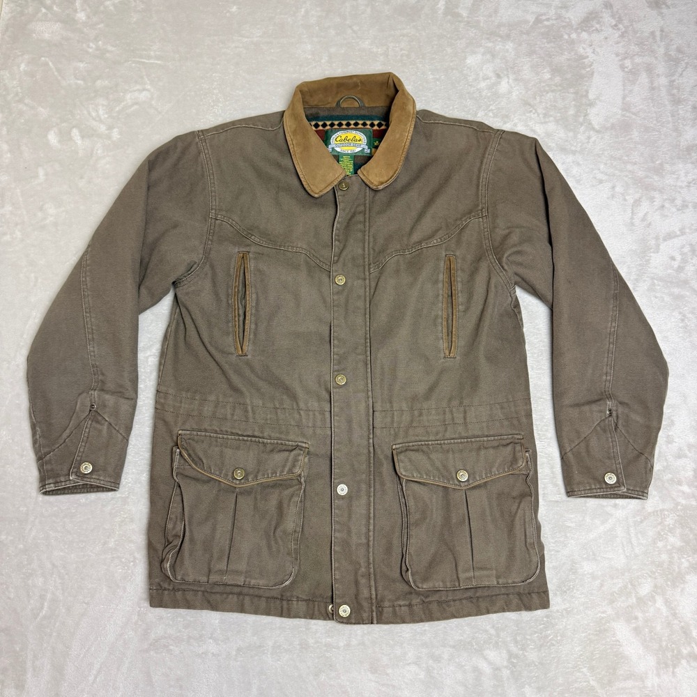 VTG Cabelas Outdoor Gear Field Jacket Mens Medium Brown Canvas Fleece Lined 90s